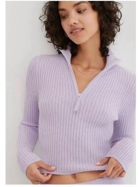 Aerie Late Night Ribbed Knit 1/4 Zip Crop Pullover Sweater Lilac Purple Medium